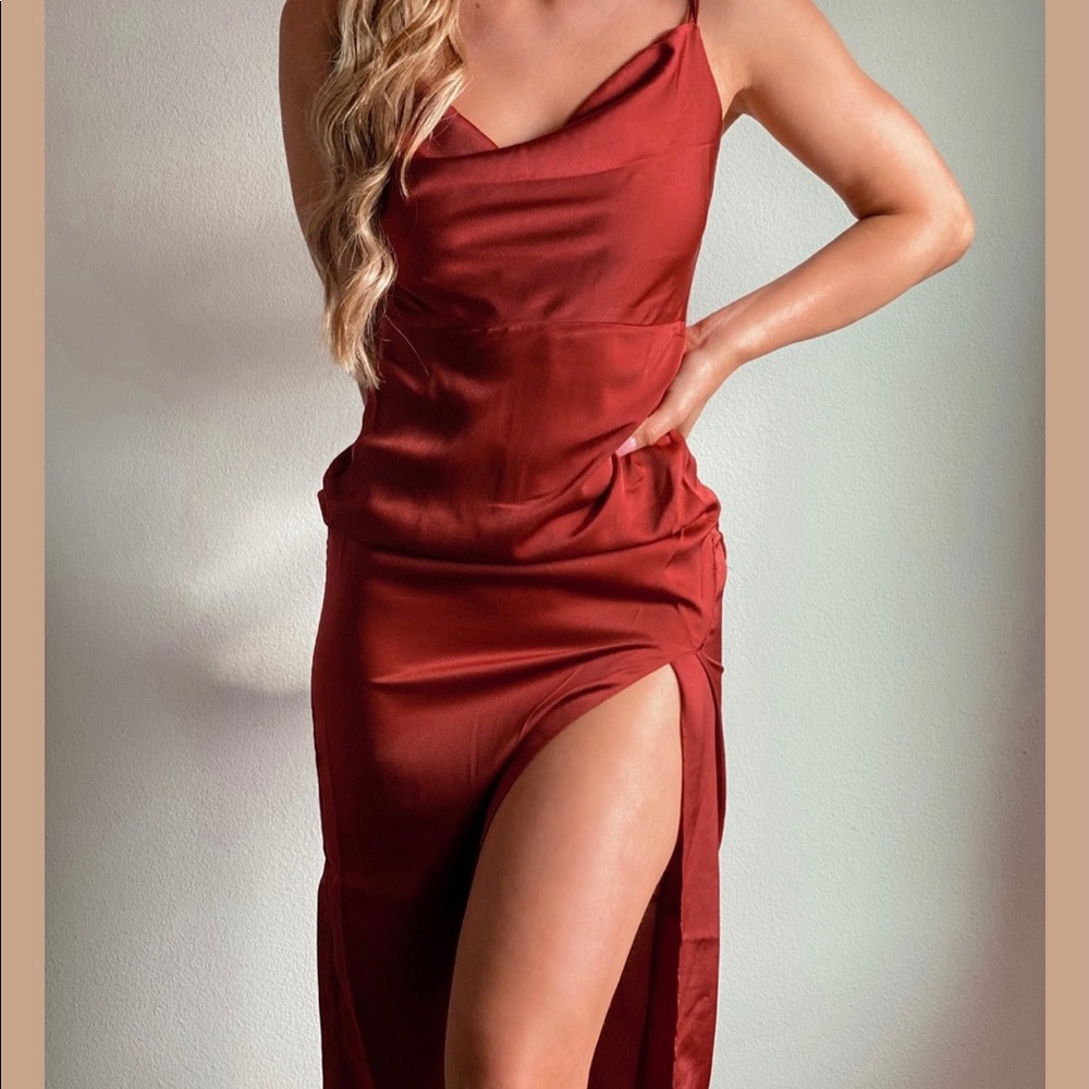 Wine Red Cowl Neck Satin Dress